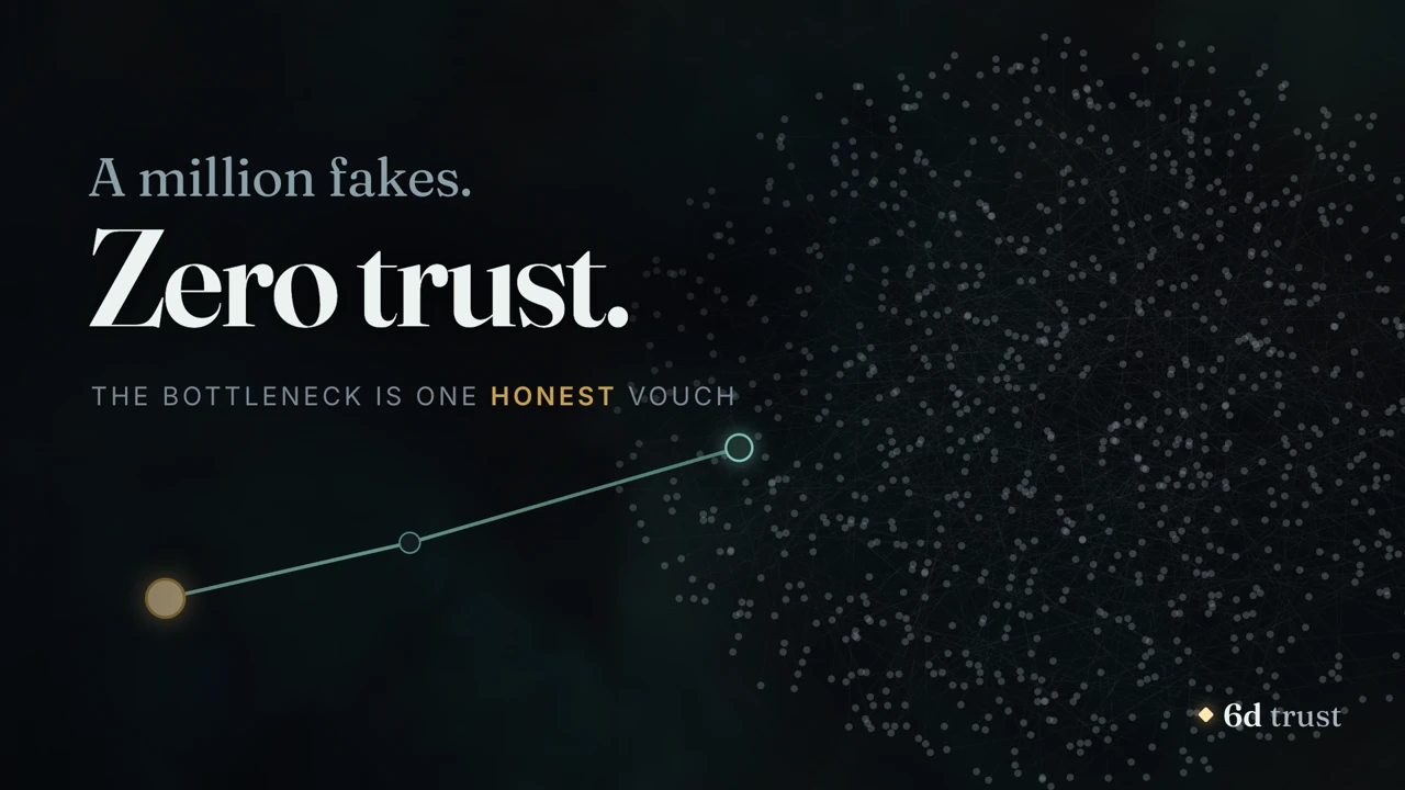 6d trust — one honest vouch starves a swarm of a million fakes